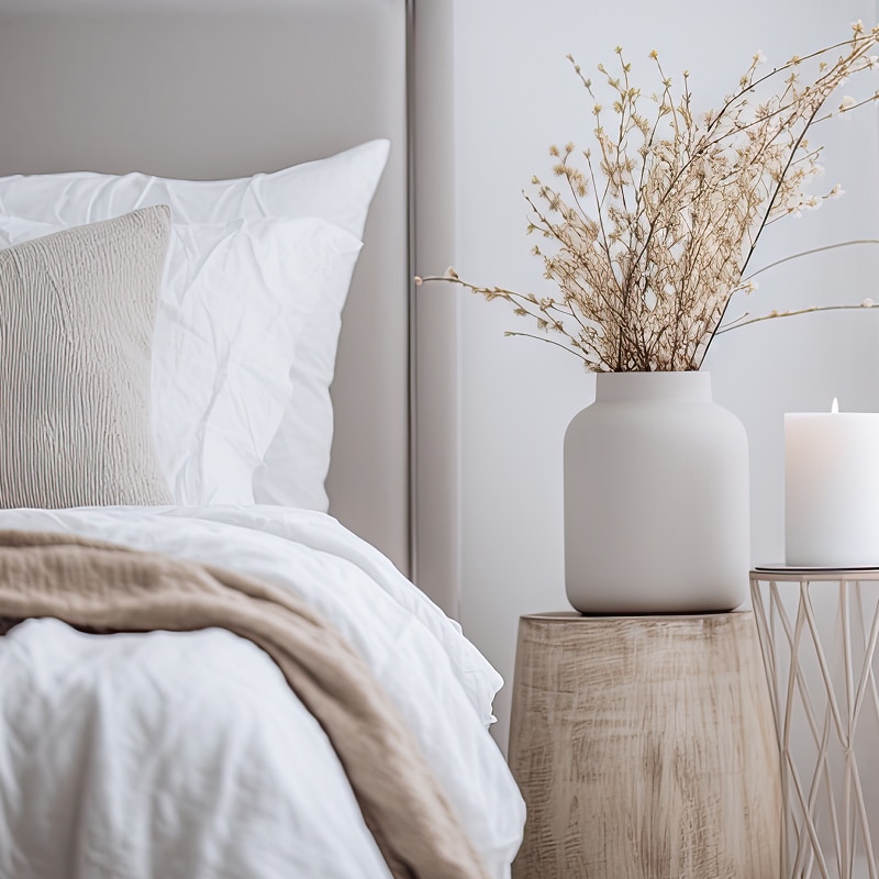 Lit douillet avec linge blanc et jeté beige, à côté d'une table d'appoint en bois avec un vase blanc et des branches séchées.