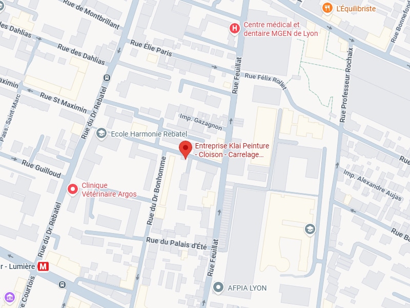 Plan Lyon : Klai Peinture, Argos, MGEN, Métro Carte plan de Lyon avec signalisation de l'Entreprise Klai Peinture, Clinique Vétérinaire Argos, MGEN et École Harmonie Rebatel.