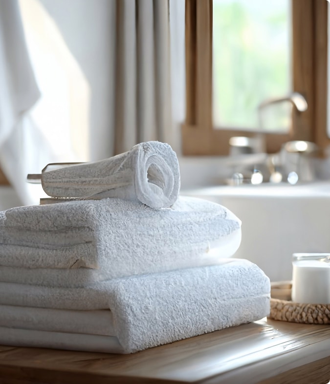 Serviettes blanches moelleuses et bain zen Pile de serviettes de bain blanches et moelleuses, dont une roulée, sur un bois clair, près d'une baignoire lumineuse.