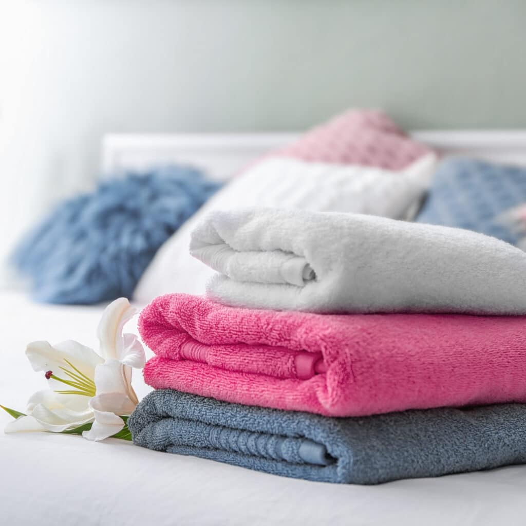 Serviettes douces et lys blanc sur lit propre Piles de serviettes propres blanches, roses et grises posées sur un lit blanc, avec une fleur de lys blanche à côté.